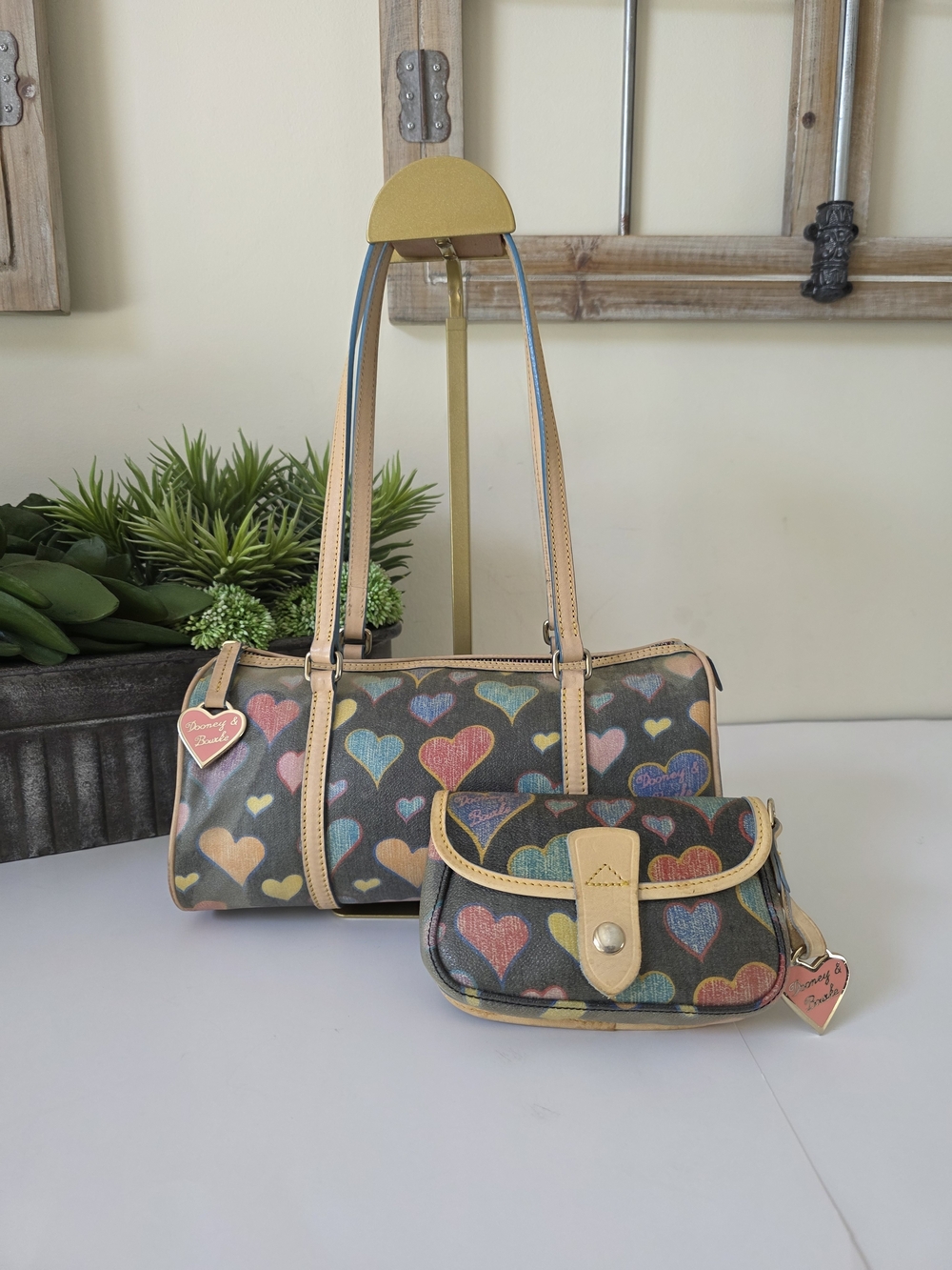Vintage Dooney & Bourke Crayon Hearts Coated Cotton Bag Coin Purse Set - Picture 2 of 16